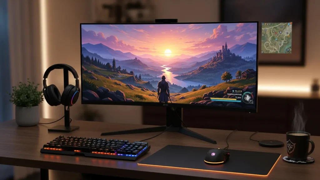 A desk setup with a widescreen gaming monitor with crisp visuals, showing a fantasy RPG landscape in sharp vivid colors.