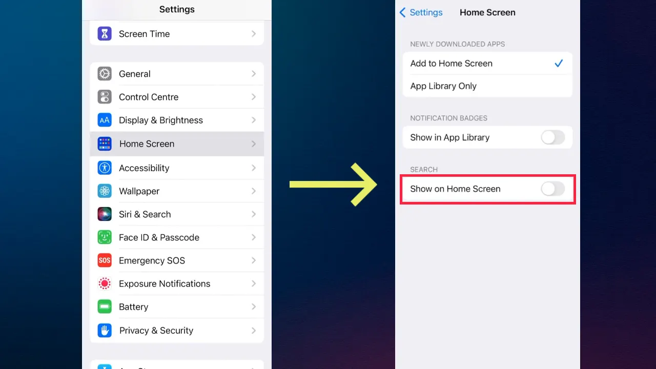 Image showing the steps to remove Home Search Button on iOS 16