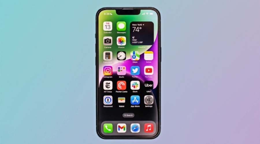 There is a notch, front camera, and speaker on top of the iPhone 14 display