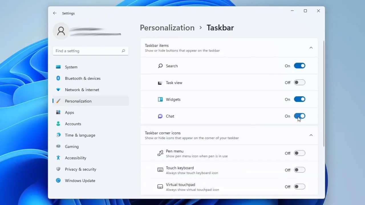 Toggle Off this Chat Icon in the Taskbar Settings to Remove Teams Chat from Windows 11.