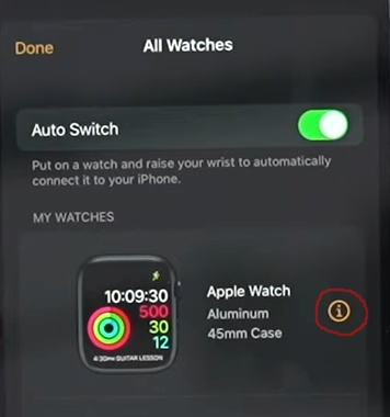 Tap on 'i' icon to open Watch info