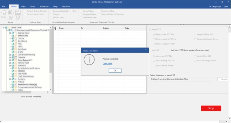 After the successful merge, a pop-up will display the destination folder where your PST file is saved