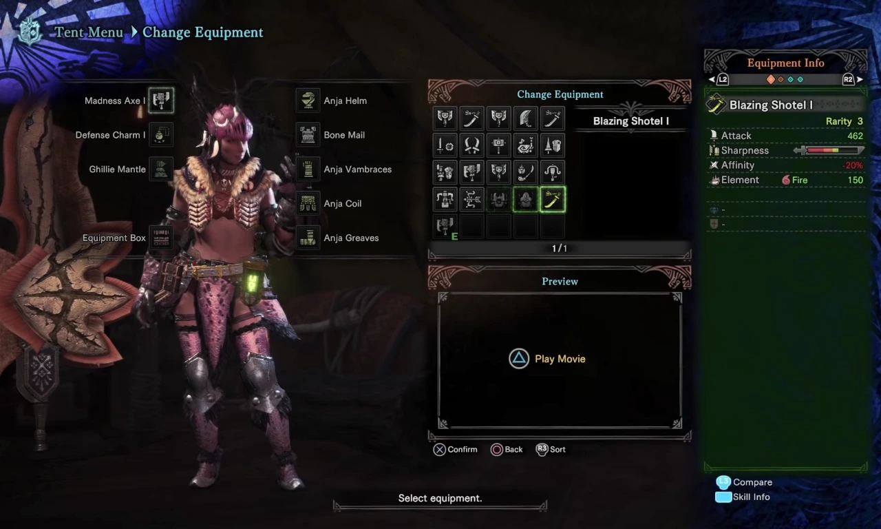 In-game equipment crafting menu