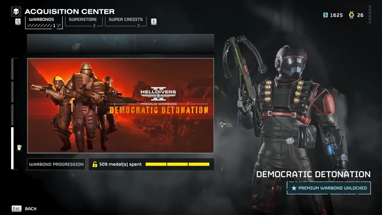 Unlocked and accessed Democratic Detonation Warbond in Acquisition Center in Helldivers 2.