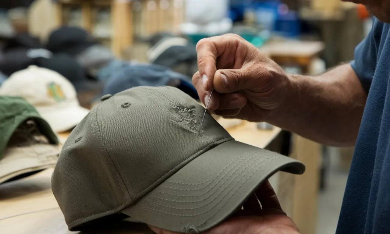 A skilled US cap maker working on a baseball cap carefully stitching the cap using a needle and thread.