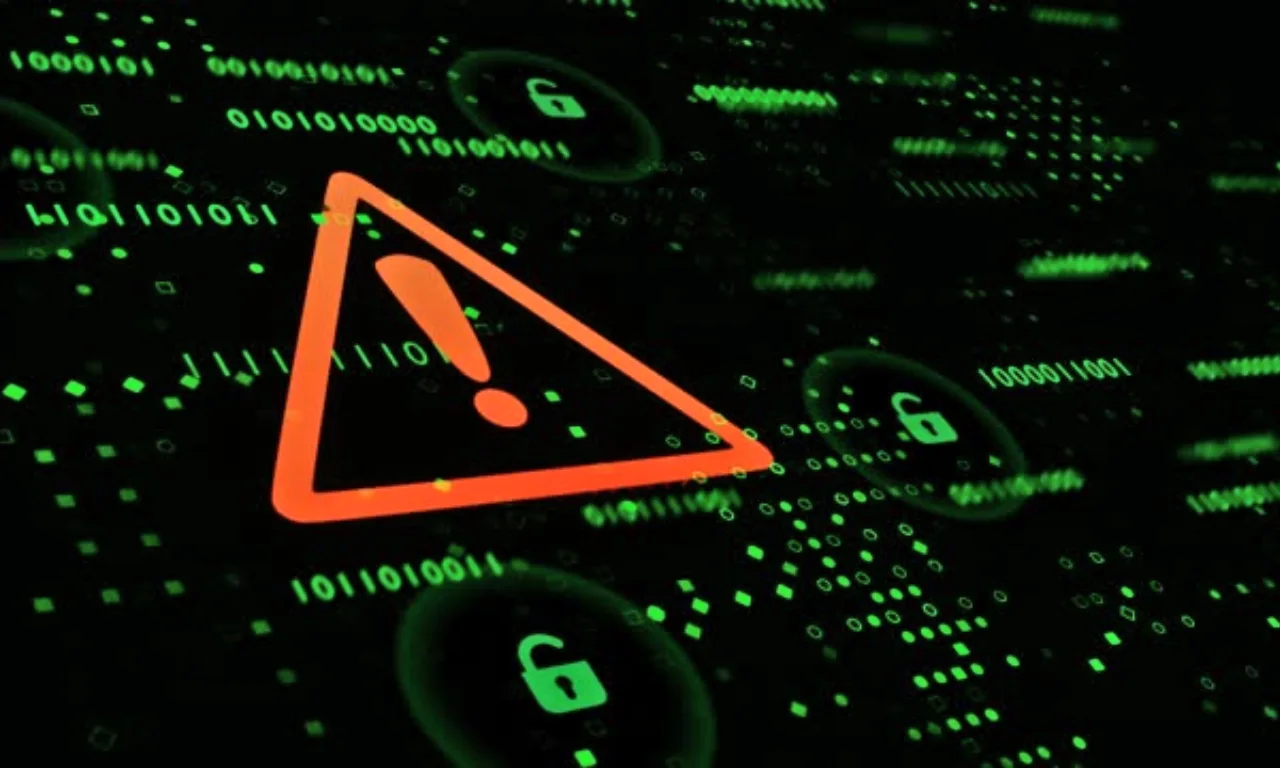 Computer Virus with the red warning sign in a green dark background