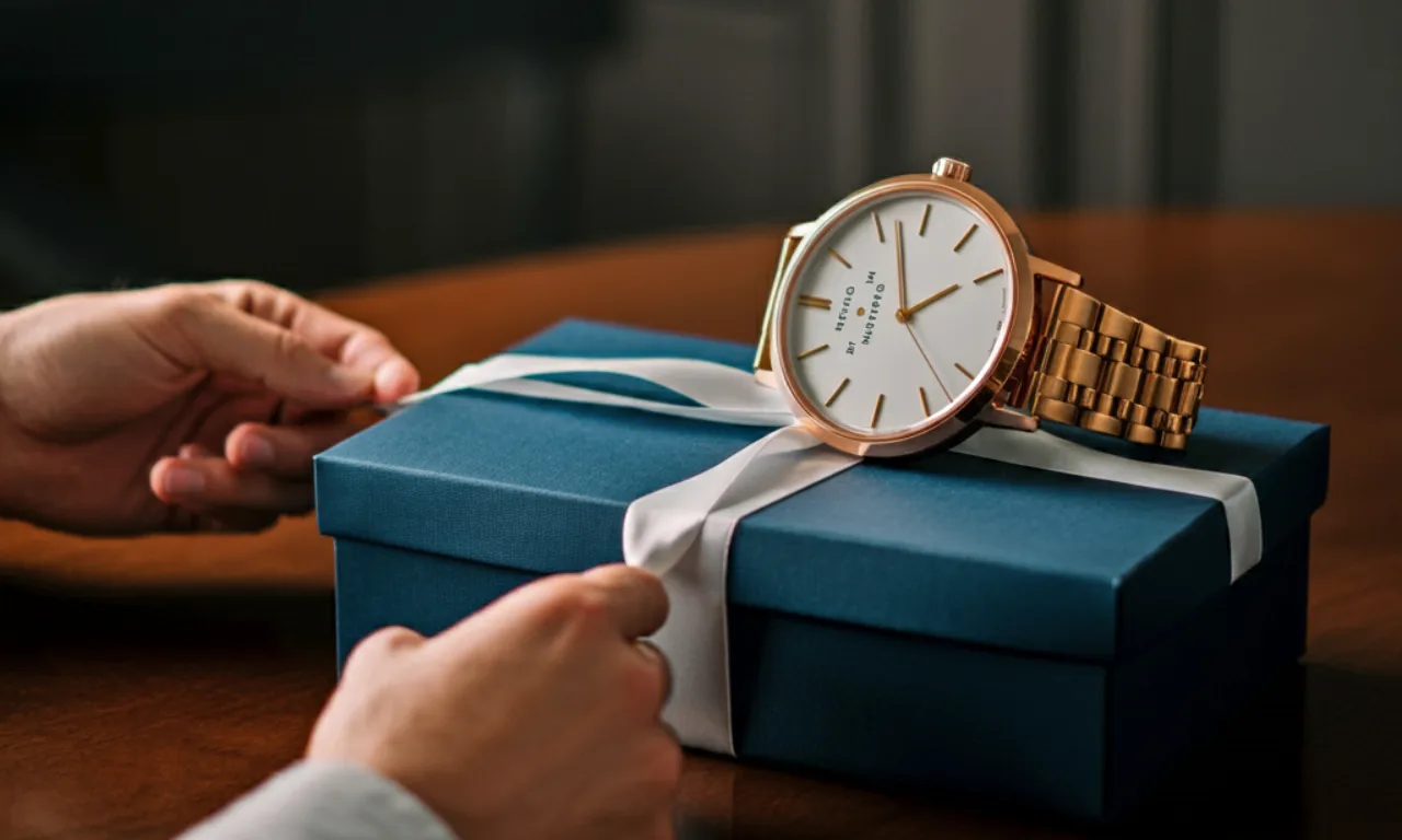 Close-up of a luxury watch placed on a blue gift box, wrapped with a white ribbon, symbolizing premium corporate gifting.