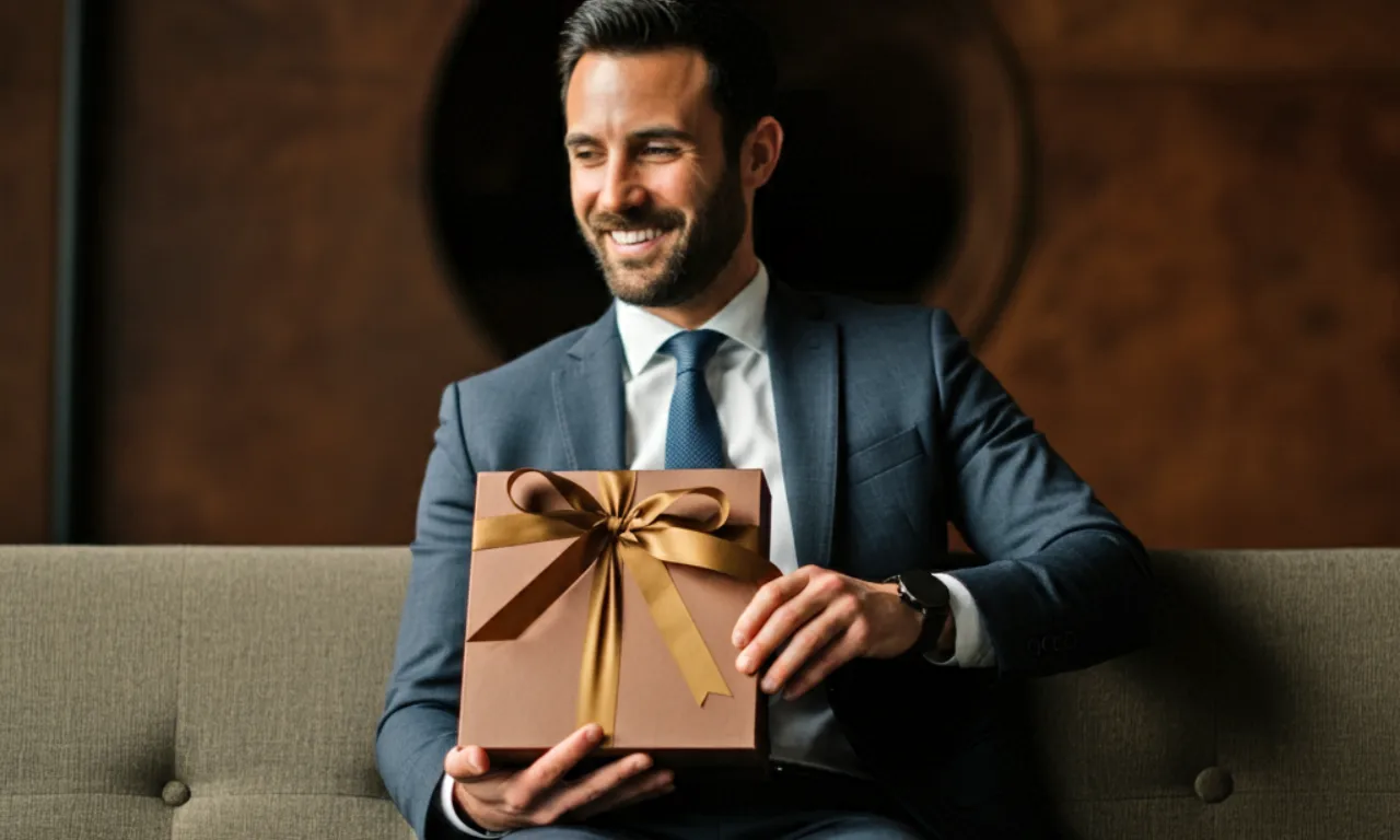 Smiling businessman in a suit holding a premium corporate gift box with a golden ribbon.