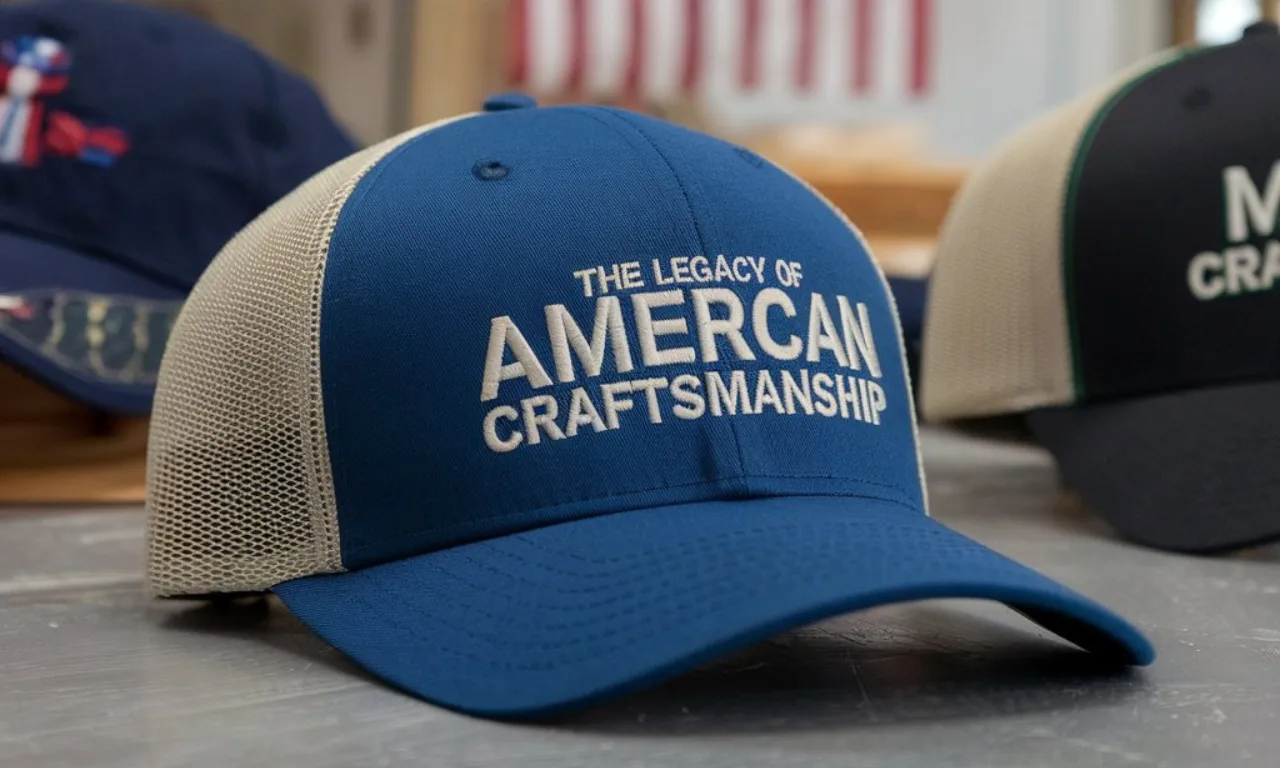 A photo of a baseball cap with the text "The Legacy of American Craftsmanship". The cap has a wool, cotton, and high-tech blendedmaterial.