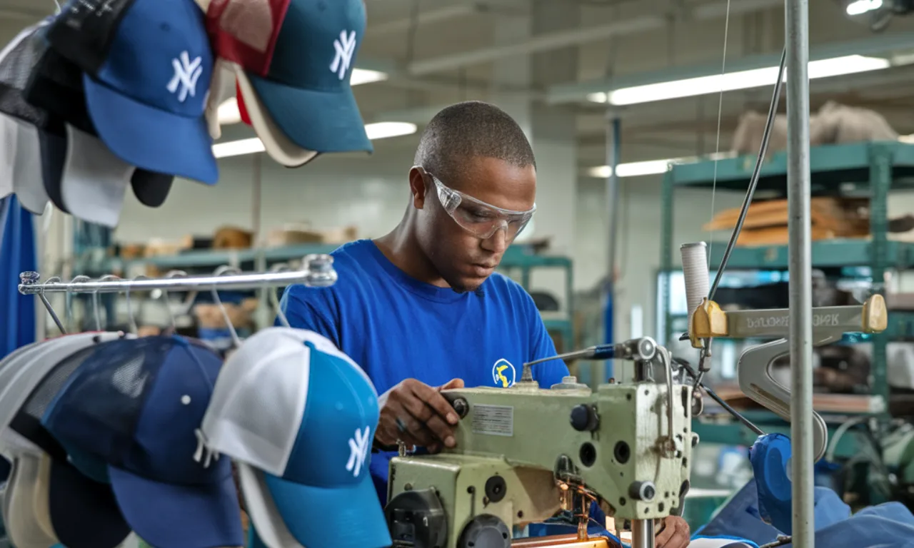 A photo of a skilled worker in a factory manufacturing baseball caps with several finished caps hanging on a rack and some partially sewn caps on the machine.