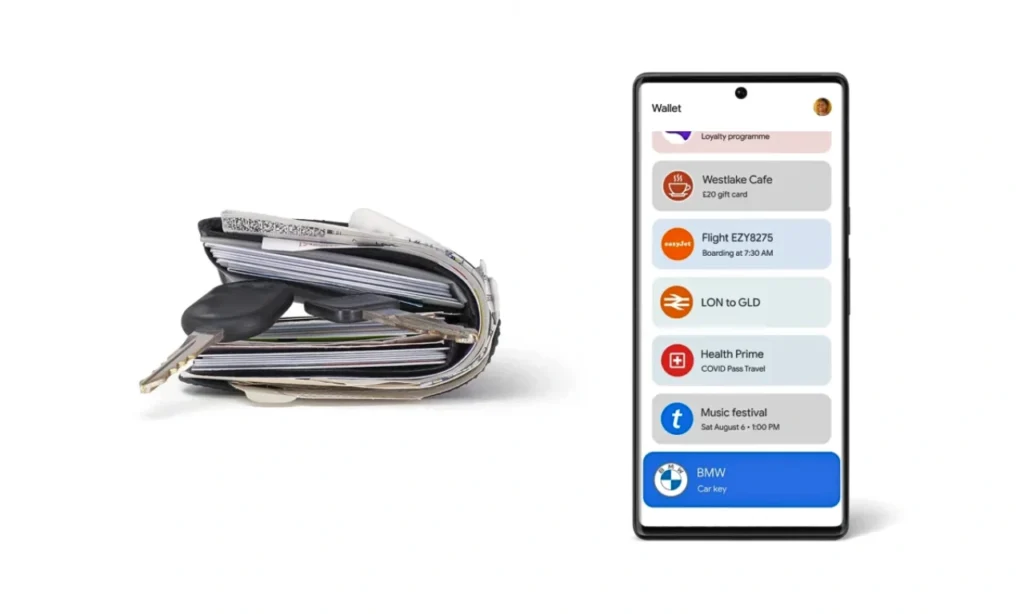 How to Add Card or Pass to Google Wallet Google Wallet app opened on a phone with a wallet on the left.