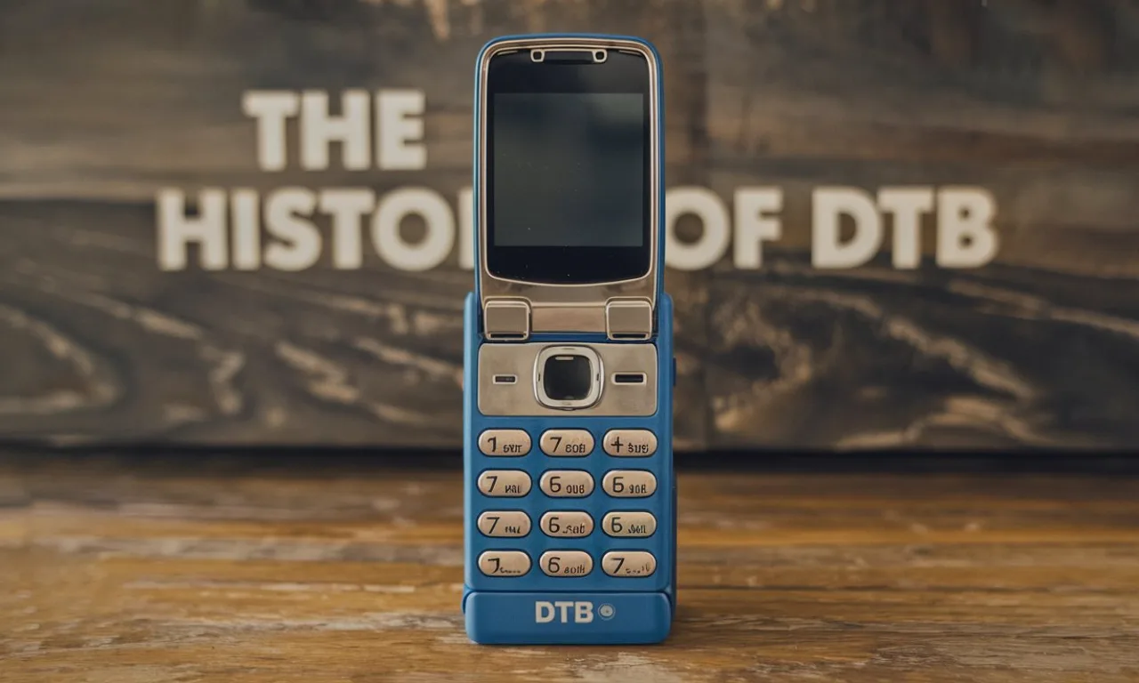 A vintage flip phone with the text "DTB" at the bottom. The background is a wooden surface with the text "The History of DTB".