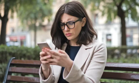 A woman is looking at her phone with a confused or frustrated expression.