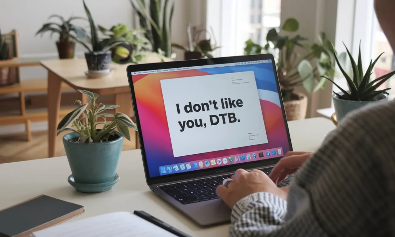 A person sitting at a table with a laptop with the text "I don’t like you, DTB." on the screen.