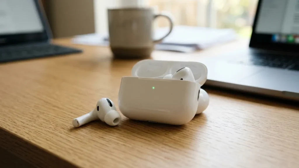 Can You Connect AirPods to PS5? White AirPods Pro on table with charging case.