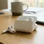 White AirPods Pro on table with charging case.