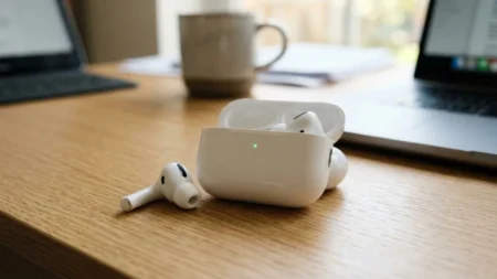 Can You Connect AirPods to PS5? White AirPods Pro on table with charging case.