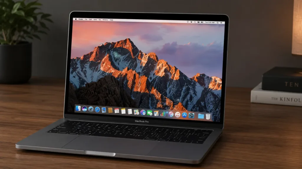 How to Show Hidden Files on Mac (It’s Fast) A modern Apple MacBook Pro on a wooden desk next to a coffee cup and design books.