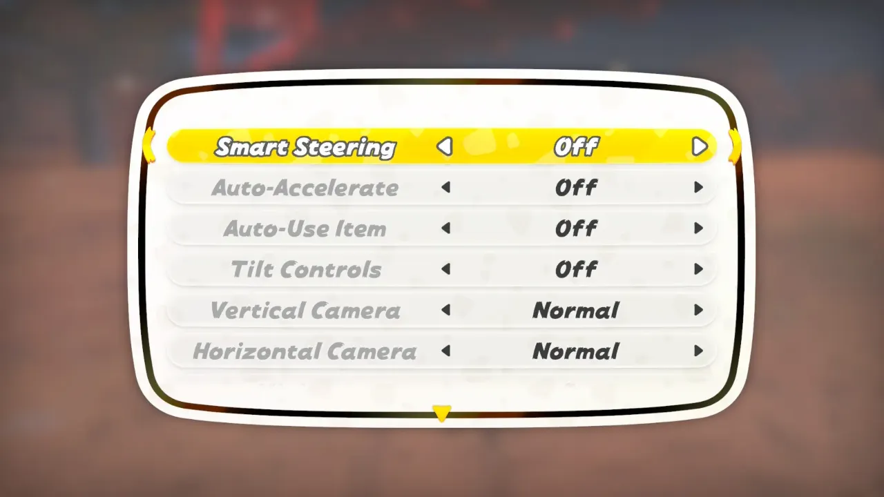 Image showing the interface to Turn Off Smart Steering in Mario Kart World