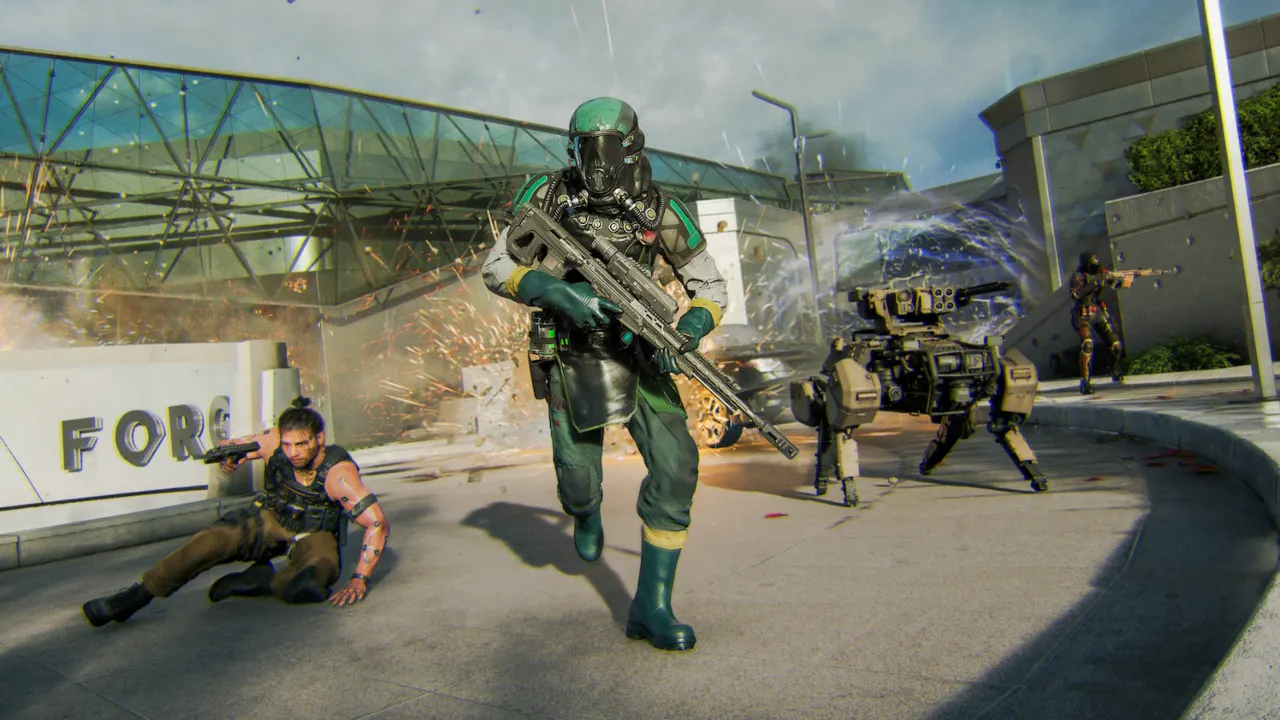 A soldier is running with gun in hand with one soldier behind on ground and a robot enemy in Black Ops 7.
