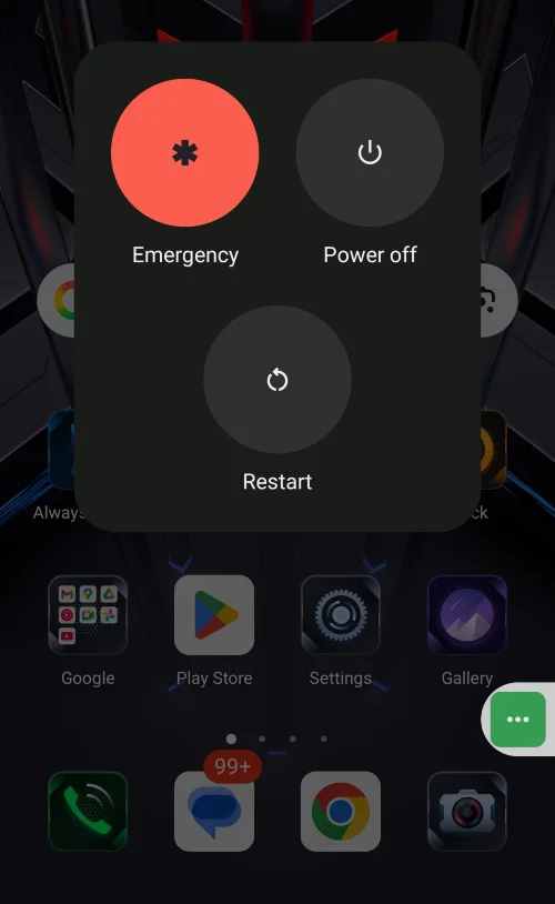 Power menu opened from the Accessibility Menu icon on homescreen.