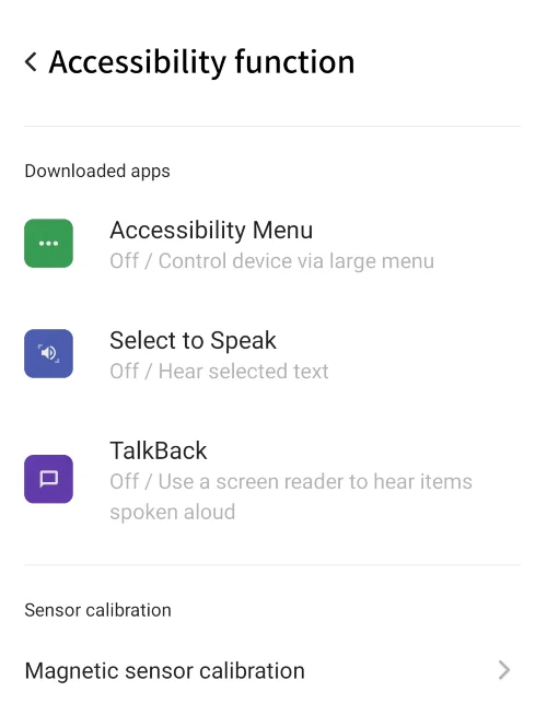 accessibility function screen with accessibility menu in advanced settings.