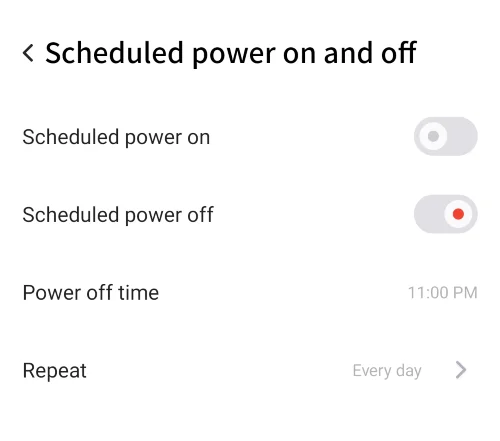 Schedule power off enabled for Android.