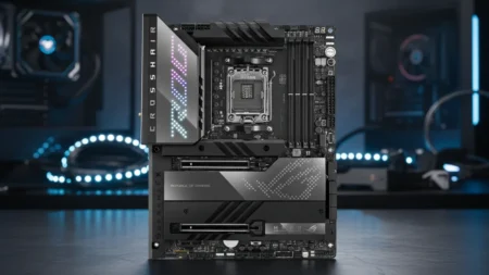 ASUS Releases AGESA 1.3.0.0a Beta BIOS for AM5 800-Series Motherboards Amid Stability Concerns ASUS ROG Crosshair series motherboard displayed on a dark surface in a gaming-themed room.