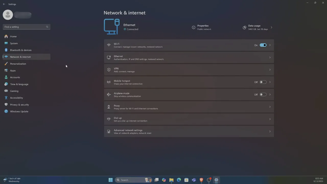 Select Advance network settings from this Networks & Internet menu on Windows 11.