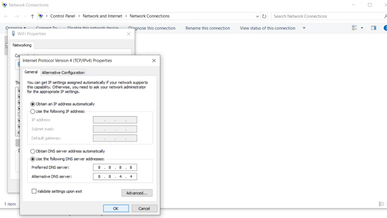 Enter IP addresses to change DNS server on Windows 10.
