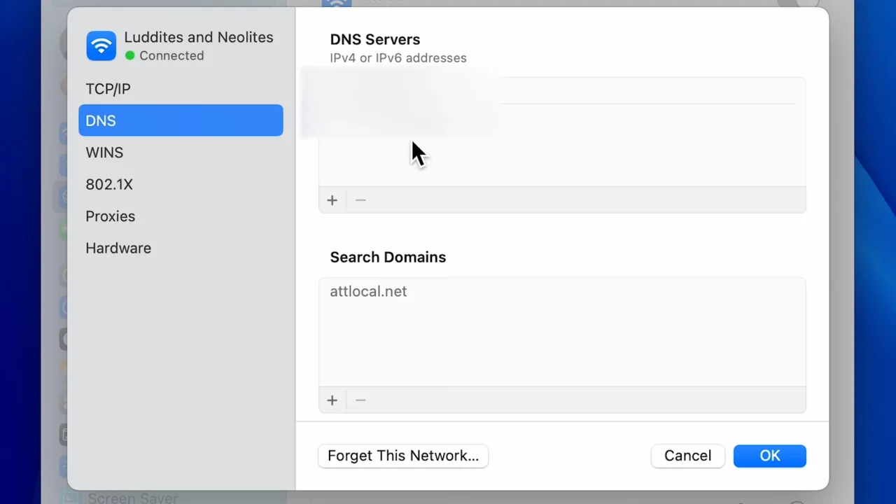DNS List window on Mac