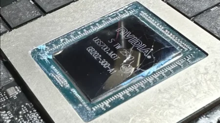 Close up of cracked GPU core on MSI RTX 5090 Lightning Z PCB after extreme overclocking.