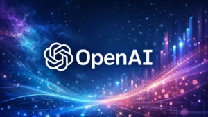 OpenAI large logo in center with colorful shiny background.
