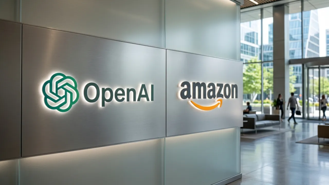 OpenAI and amazon logos side by side in an office setting.