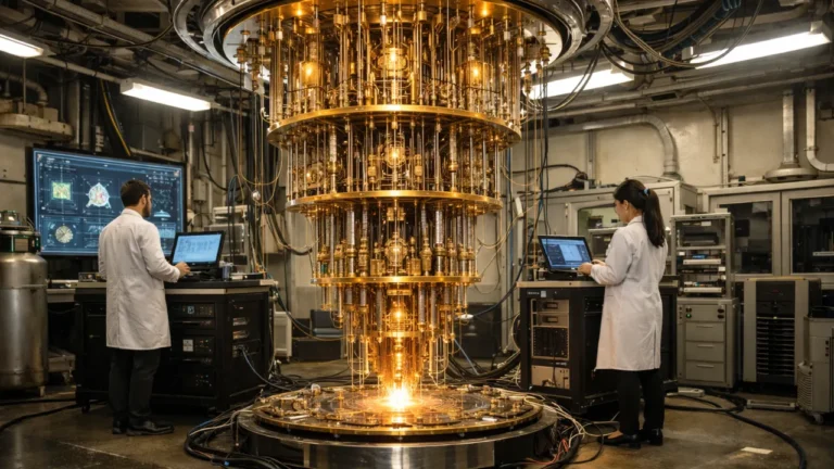 Quantum Computing Explained: A Bright Quantum Future Quantum Computer in a lab with scientists doing lab experiments using it.