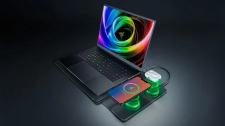 Razer Launches $130 Laptop Sleeve With Built-In Wireless Charging, and Somehow No RGB Close-up of the Razer 16-inch Laptop Sleeve with a phone and laptop beside it.