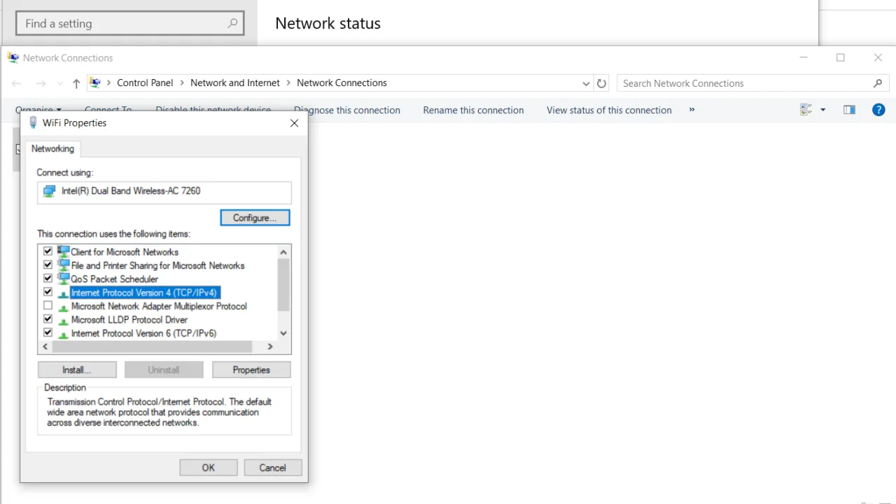 Network connection properties pop-up window.