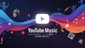 YouTube Music Limits Lyrics for Free Users, Pushes Premium Upgrade Logo with YouTube Music text in white with patterned colorful background.