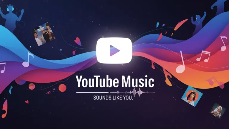 YouTube Music Limits Lyrics for Free Users, Pushes Premium Upgrade Logo with YouTube Music text in white with patterned colorful background.