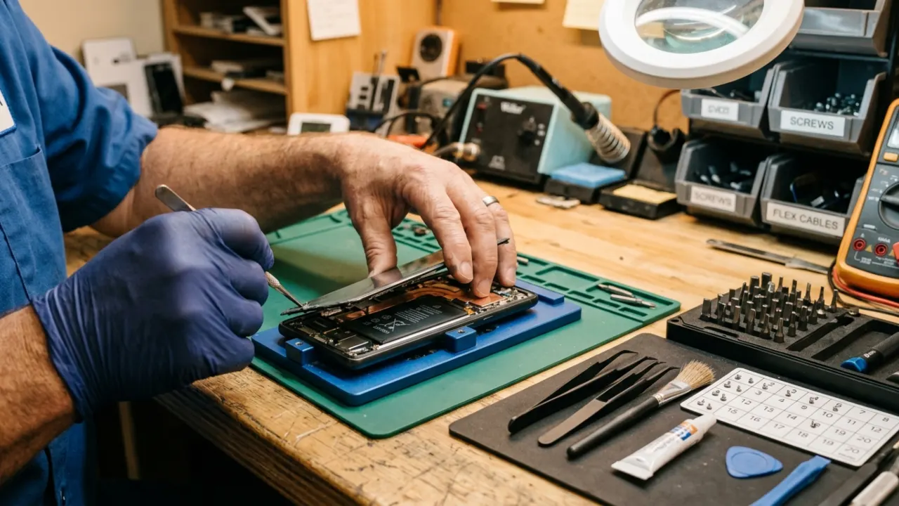 Phone repair technician replacing smartphone battery.