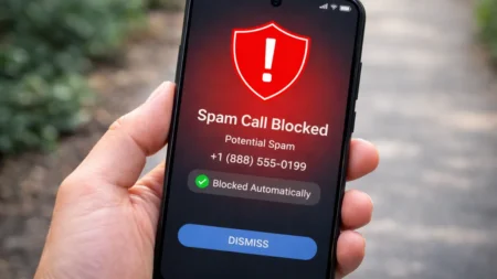 How to Block Spam Calls on Android Android phone screen showing spam call being blocked with warning notification.