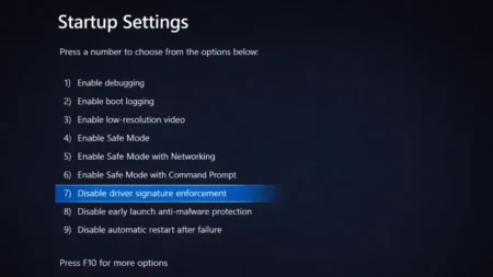 How to Disable Driver Signature Enforcement (DSE) in Windows 11 Disable driver signature enforcement Windows 11 startup settings screen.