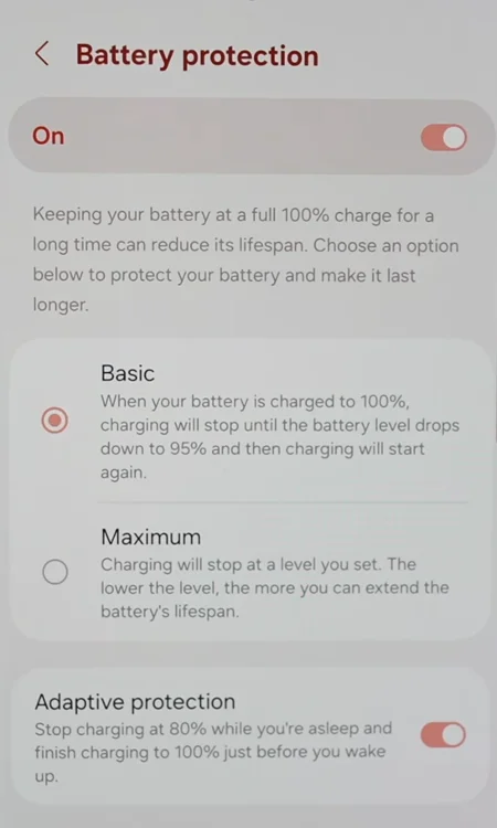 Menu to Enable Battery Protection on Samsung Galaxy
