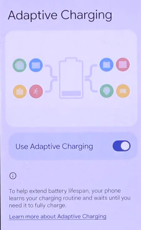 Menu to Enable Adaptive Charging on Google Pixel