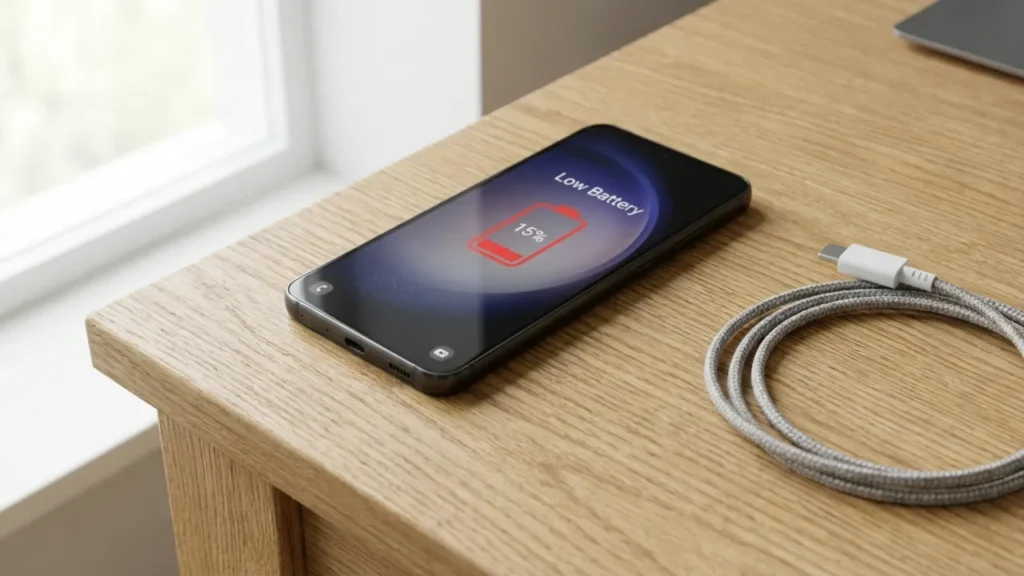 How to Fix Android Phone Battery Draining Fast Android phone showing low battery warning with charger cable.