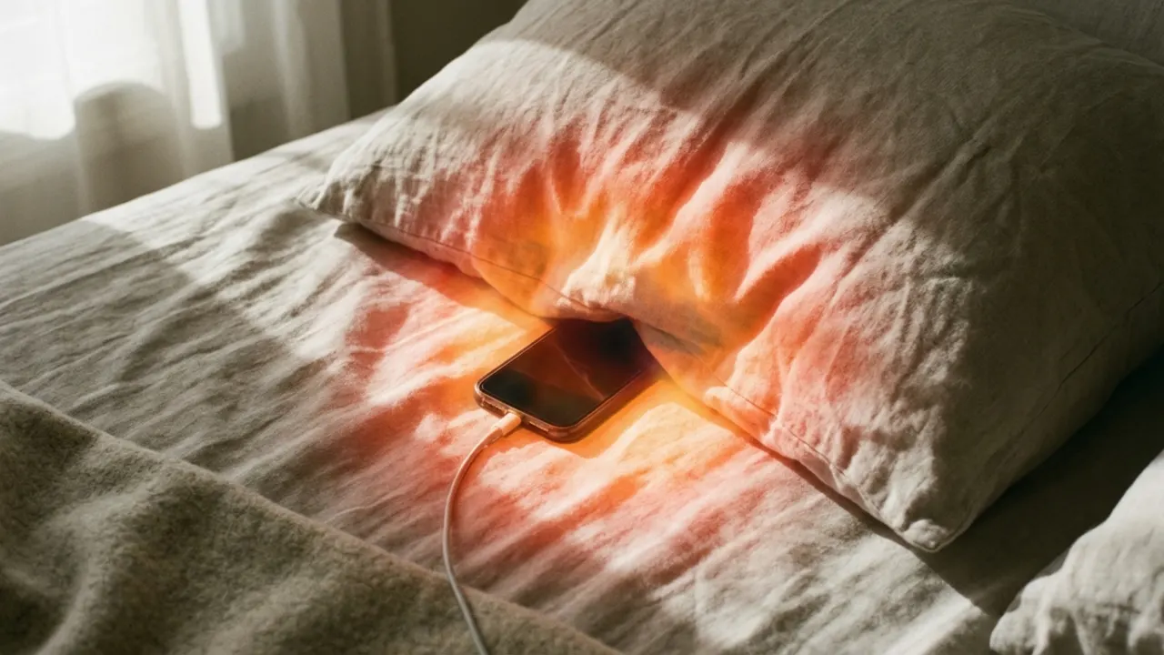 Phone charging under pillow on bed overheating.