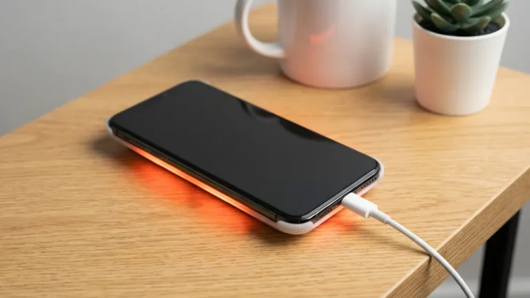 smartphone overheating while charging on wooden desk.