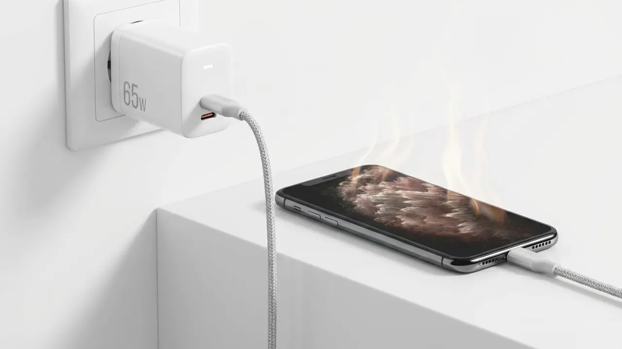 65W fast charger plugged into wall with phone connected.