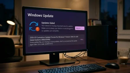 How to Fix Windows Update Error: Reasons for Update Stuck and Easy Solutions Windows Update failed error screen on desktop monitor showing update issue and retry option.