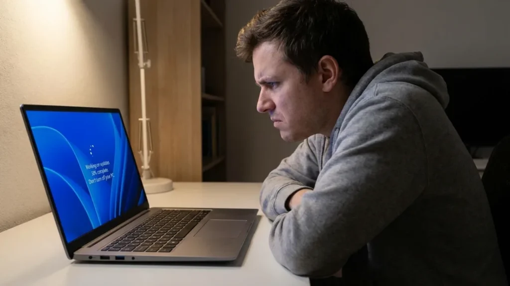 How to Update Windows Safely Windows 11 update screen with loading spinner and user waiting anxiously.